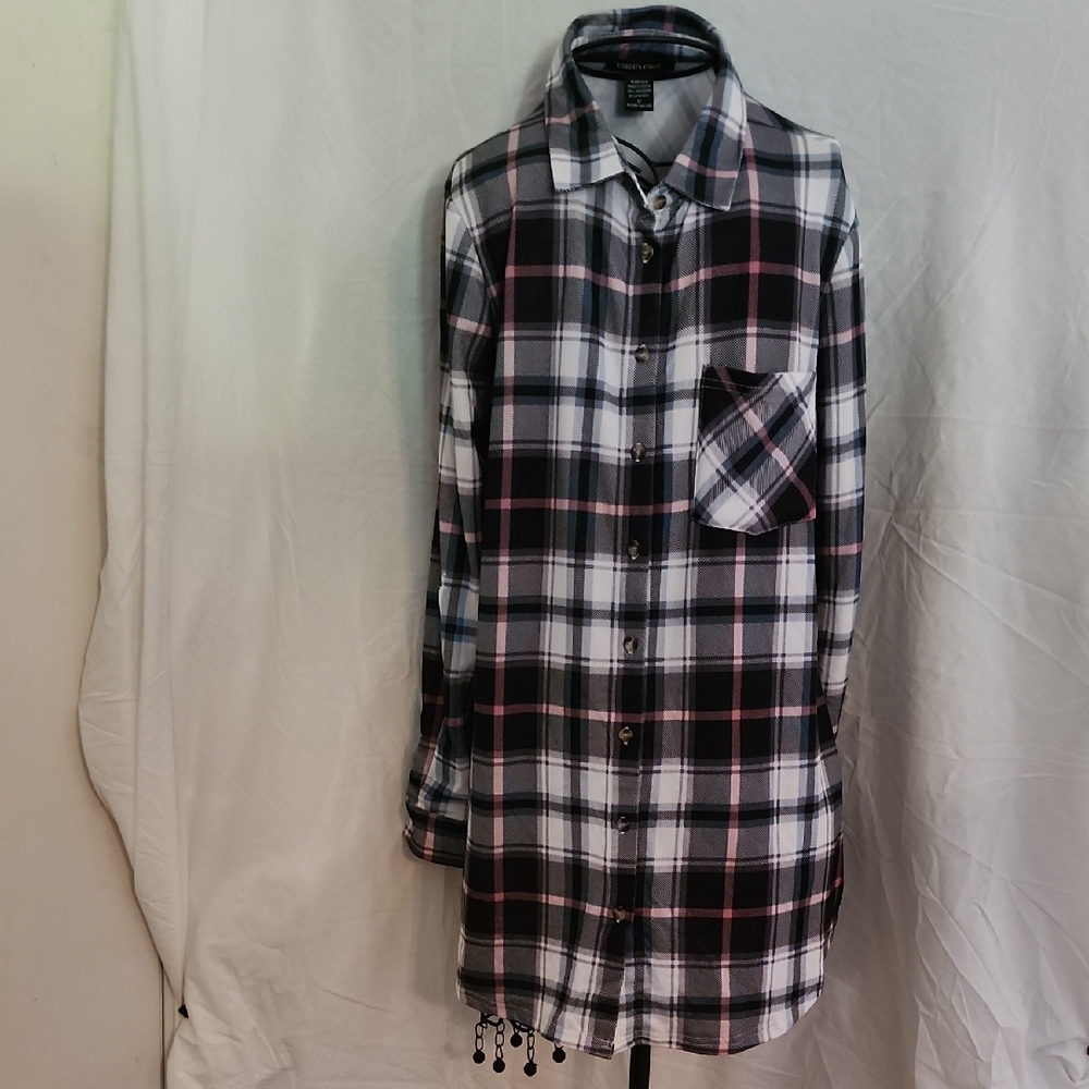 Robert Louis Black And Pink Checkered Belted Mini Shirt Dress Women's Size S